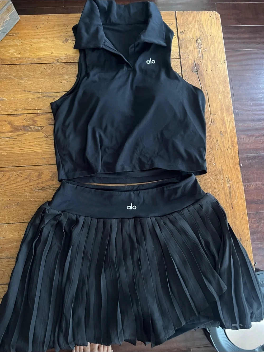ALO Yoga Black Pleated Skater Skirt with Logo Waistband